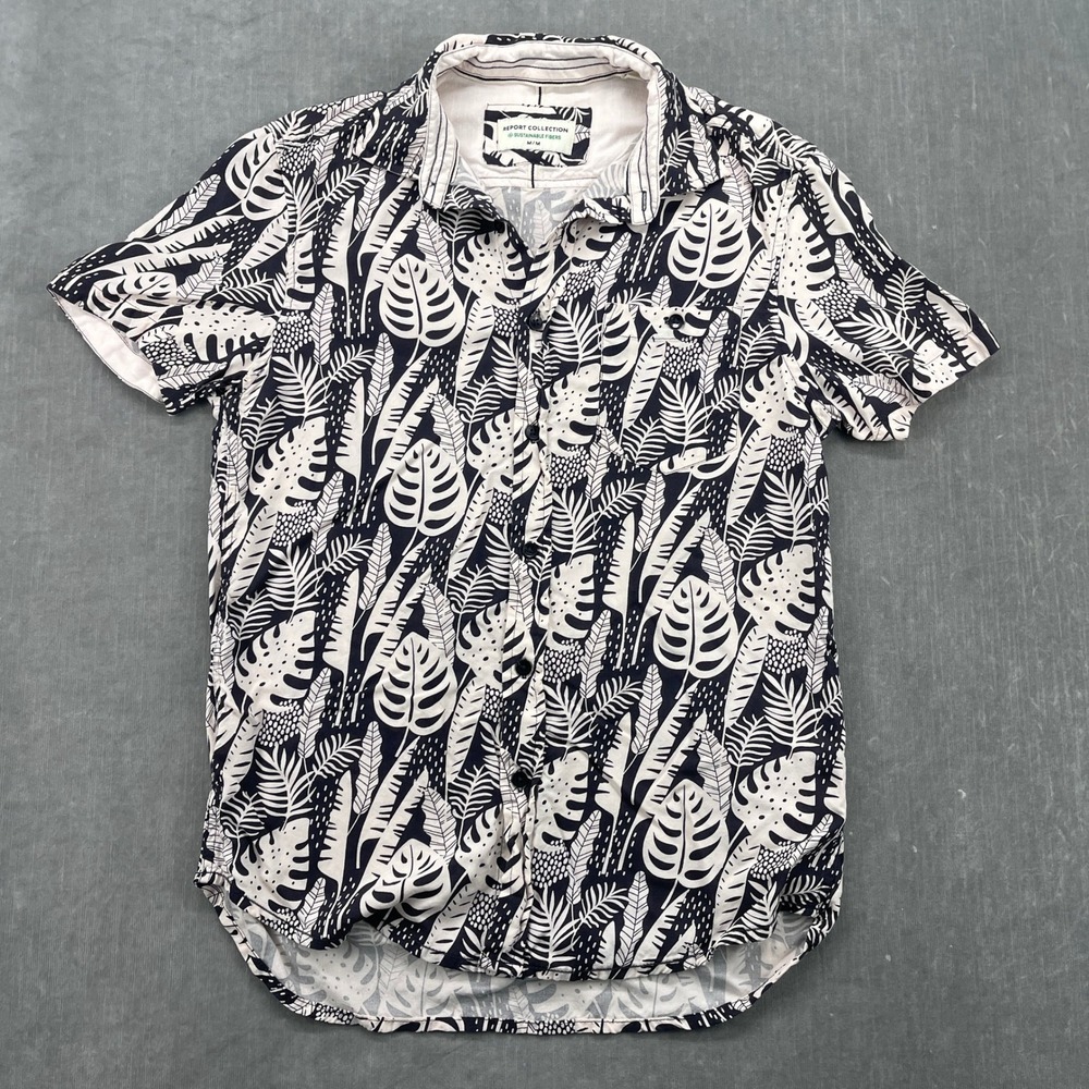 Report Collection Mens Medium Black White Tropical Leaf Modal Button Down Shirt